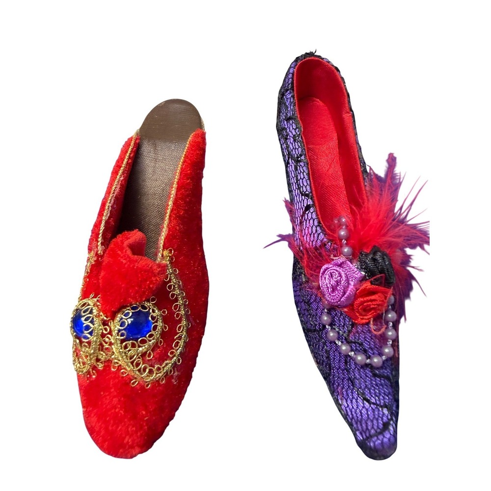 Vintage Miniature Decorative Shoes Red Velvet Gold Purple Lace Victorian Style